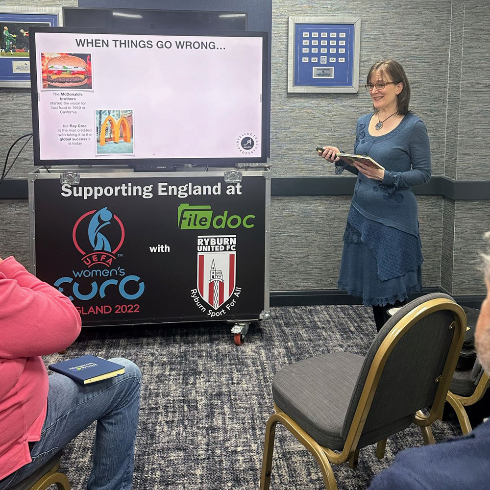 Anna delivering IP talk at Hudds Stadium